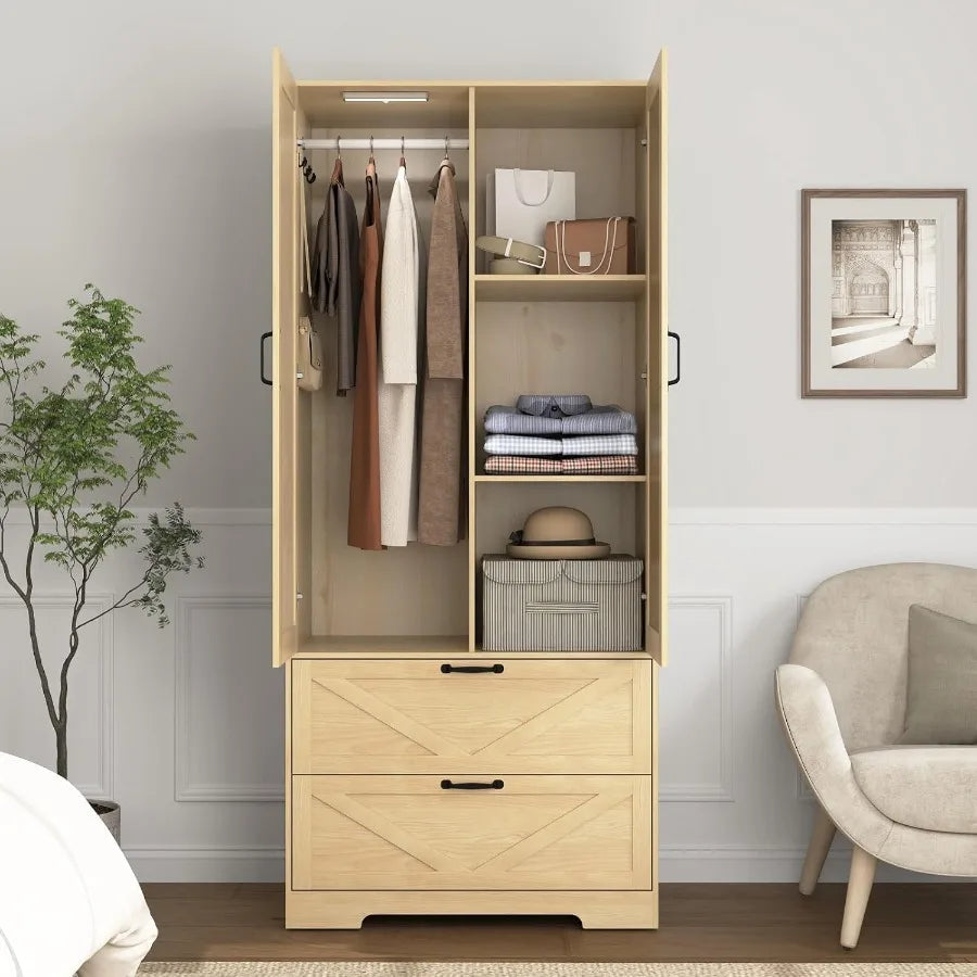 Front view of one open wardrobe with a light above the hanging rail, interior hooks, right-side shelves, and two closed drawers.