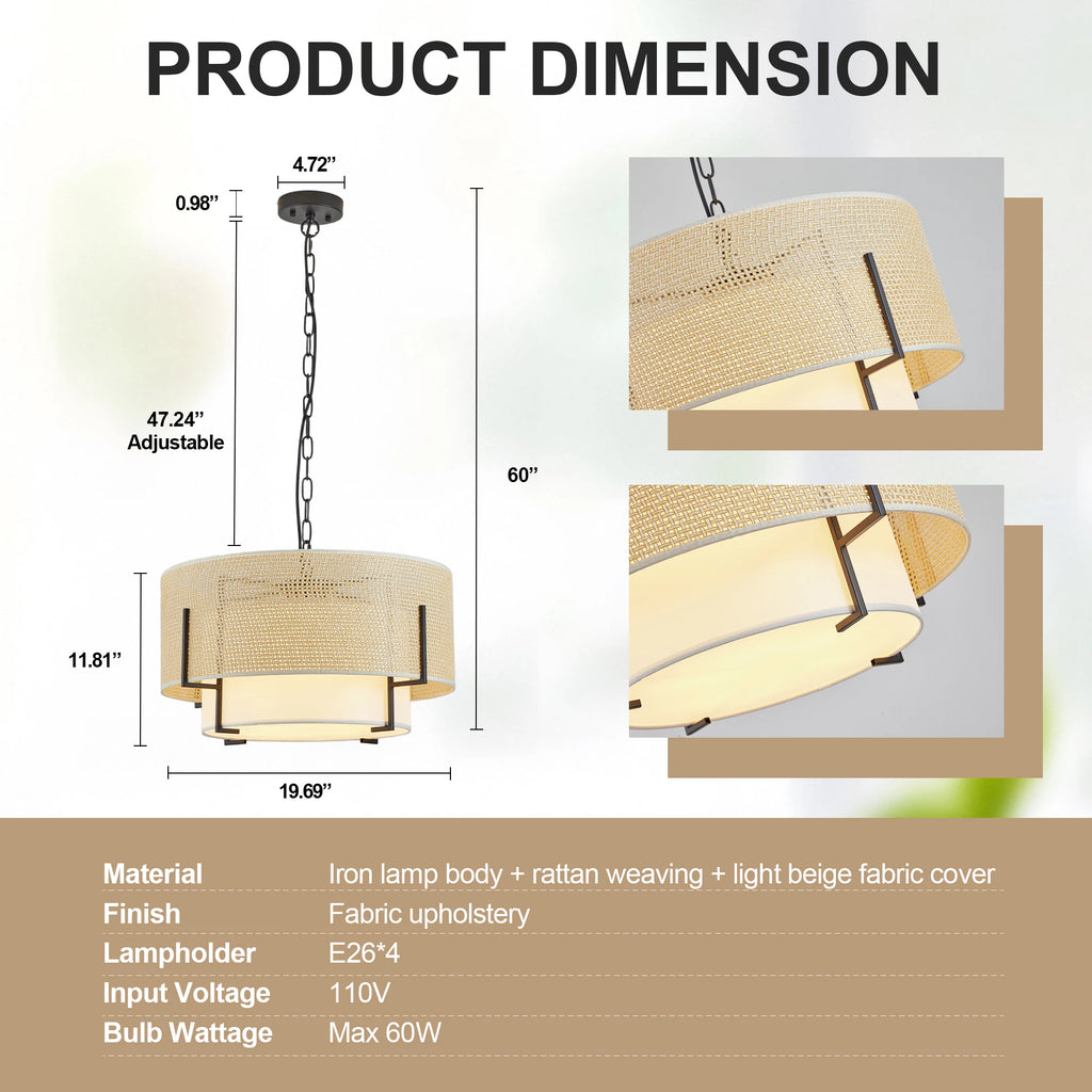 Product dimensions and features of a pendant light with rattan weave and fabric cover.