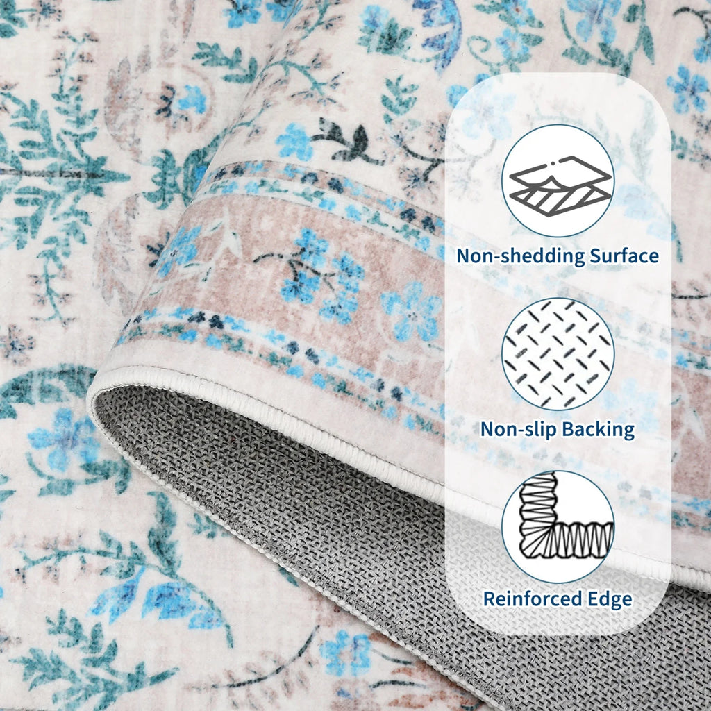 Meadowlark Blue rug detail showing non-shedding surface, non-slip backing, and reinforced edge