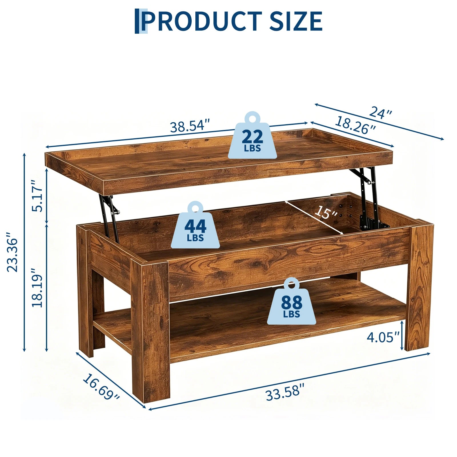 Wooden coffee table with dimensions and weight capacity labels on a white background