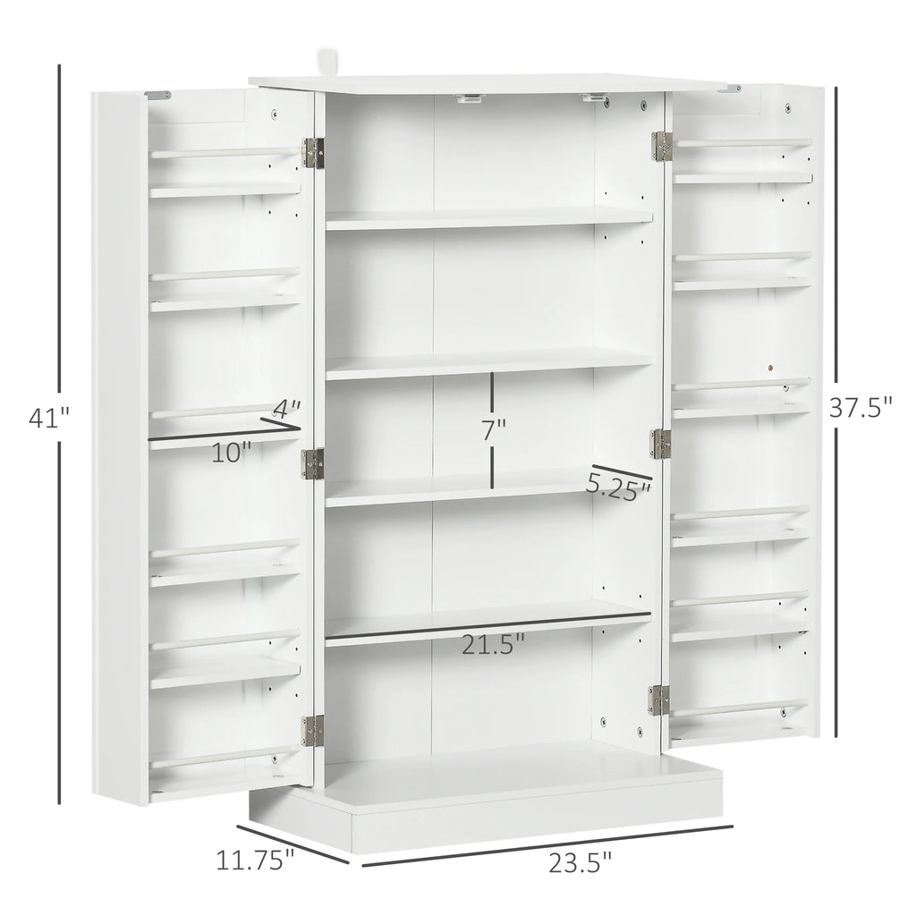 Dimension diagram of an open white pantry cabinet with labeled overall, shelf and door-rack measurements.