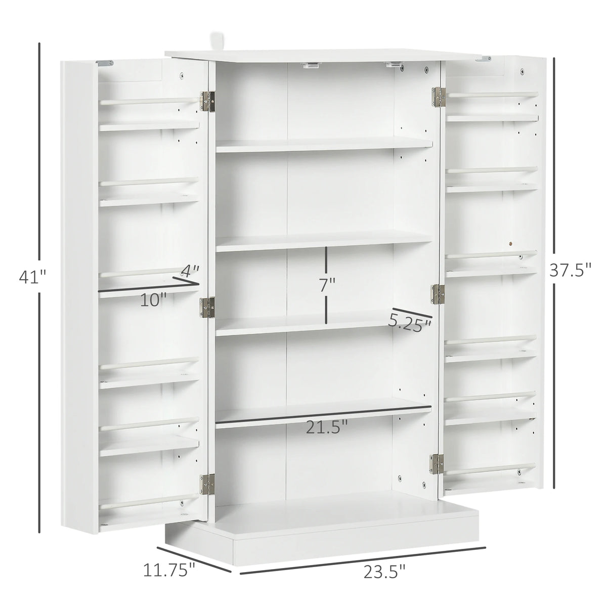 Dimension diagram of an open white pantry cabinet with labeled overall, shelf and door-rack measurements.