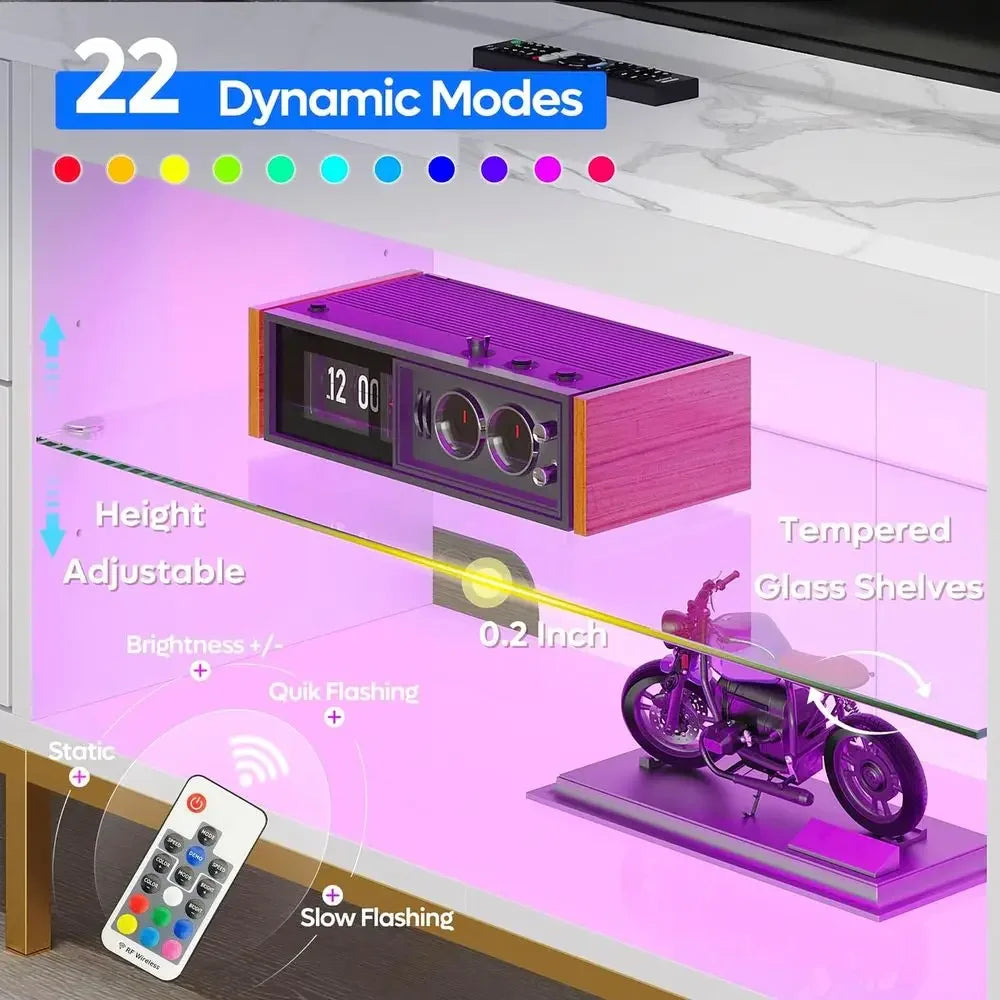 Merovelle adjustable tempered-glass shelf and remote-controlled RGB lighting feature graphic