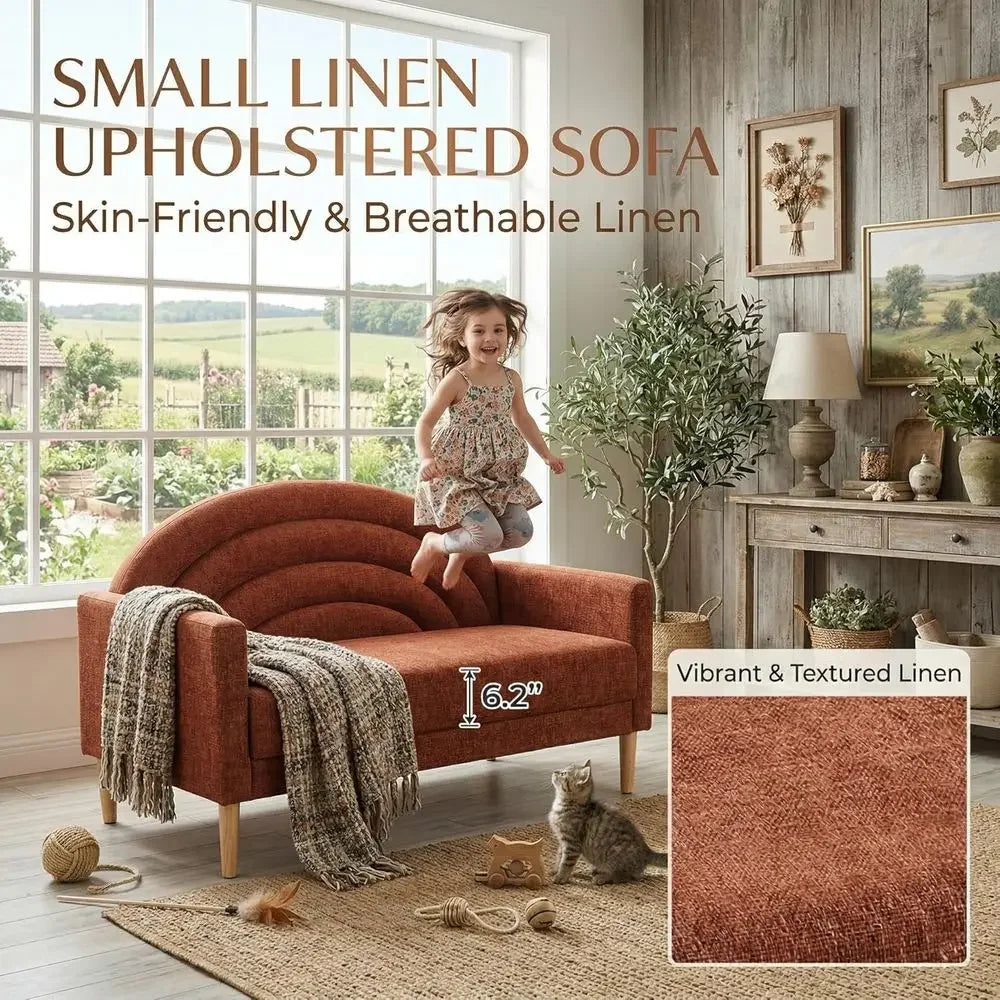 Rust-ocher upholstered loveseat pictured in a family living room