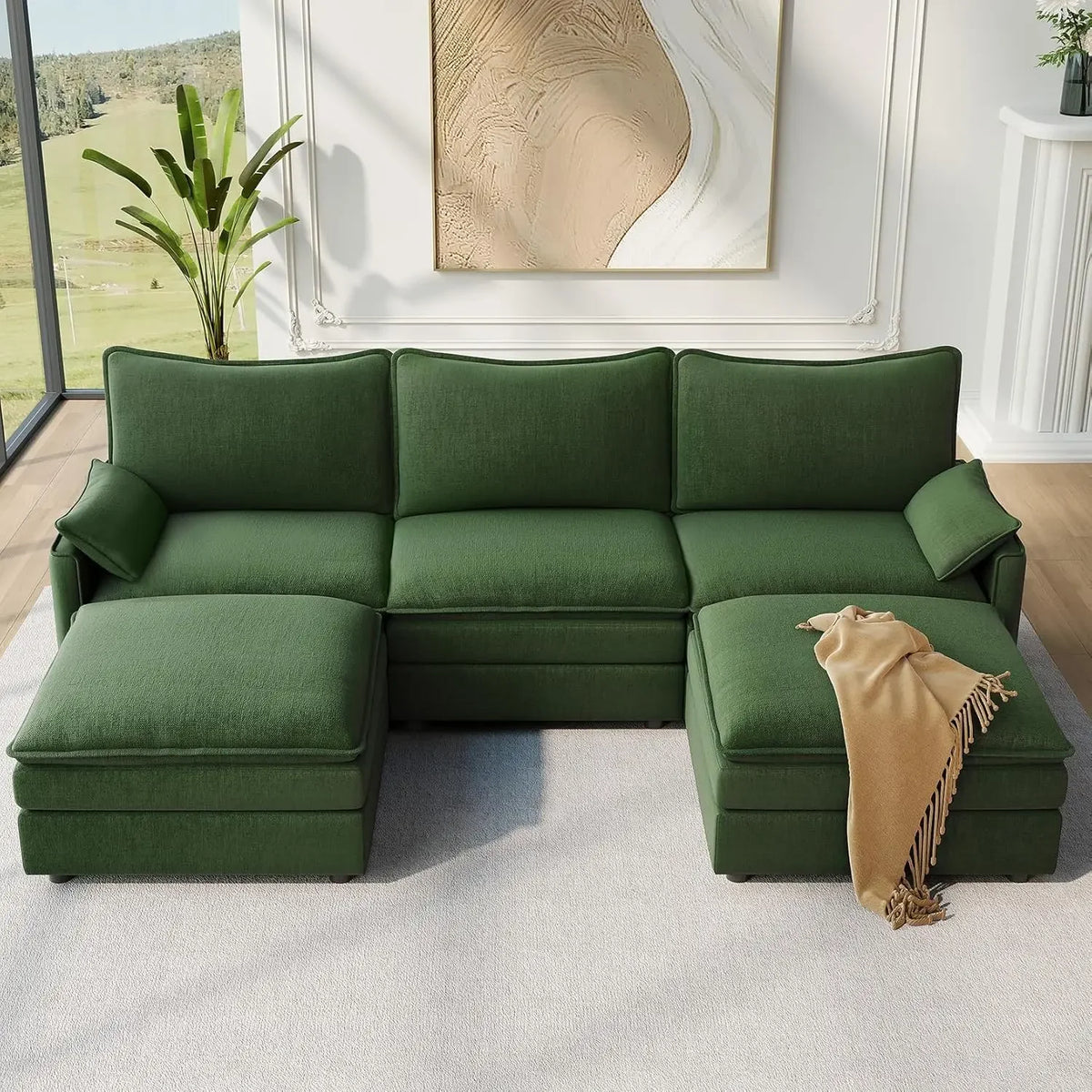 Vellune Green chenille modular sectional and two ottomans
