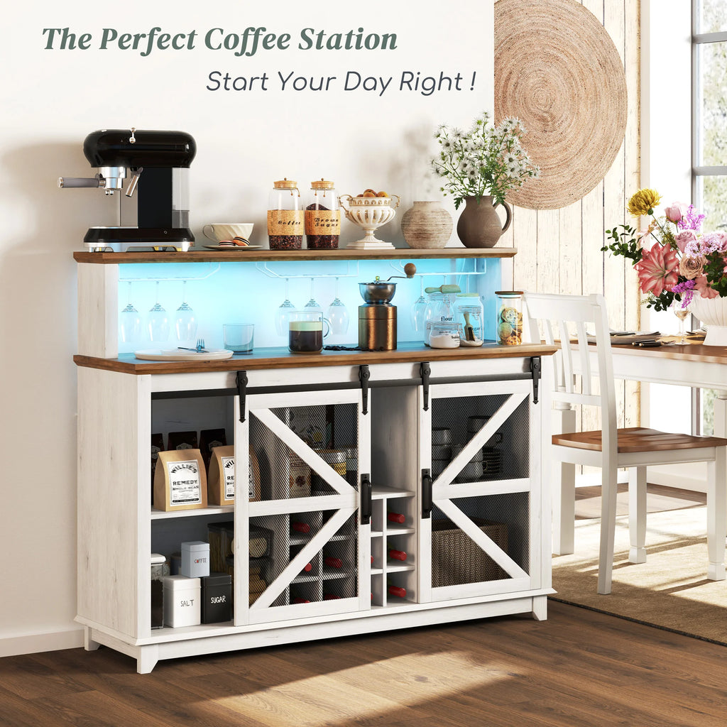 Crestmere coffee station with cyan lighting, open side storage and hanging stemware