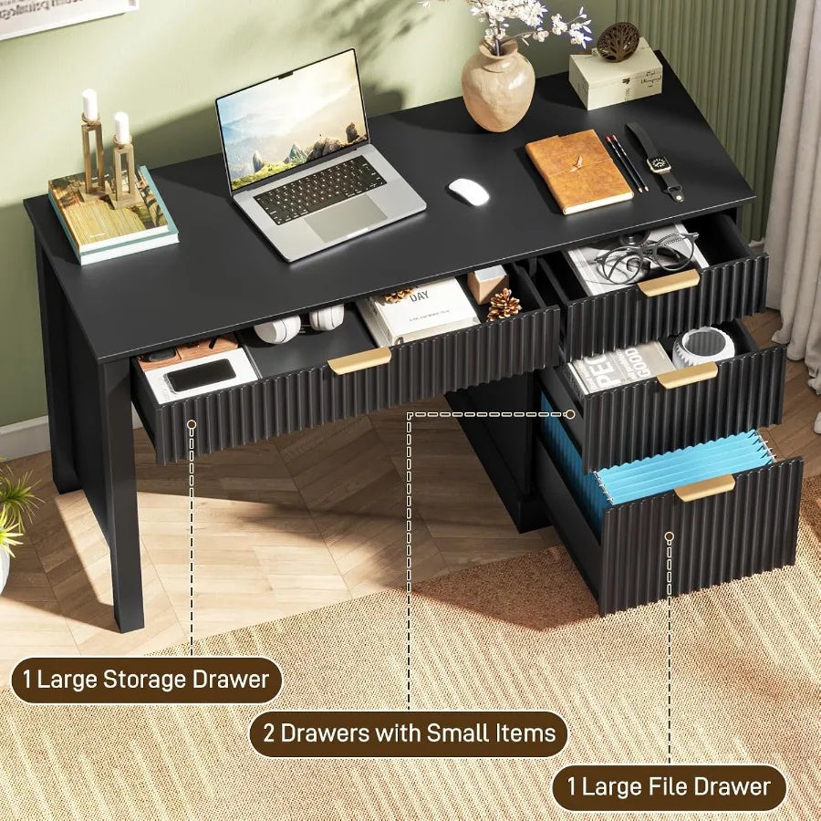 Four-drawer storage graphic showing a wide drawer, two smaller drawers and a hanging-file drawer.