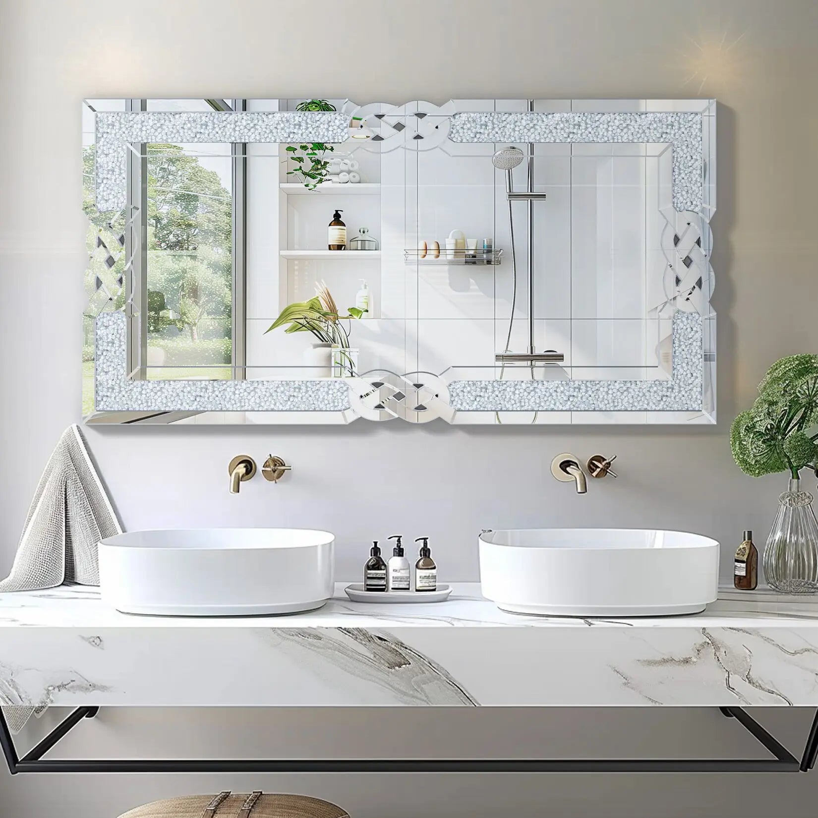 Bathroom vanity with two sinks, decorative mirror, and various items on a marble countertop.