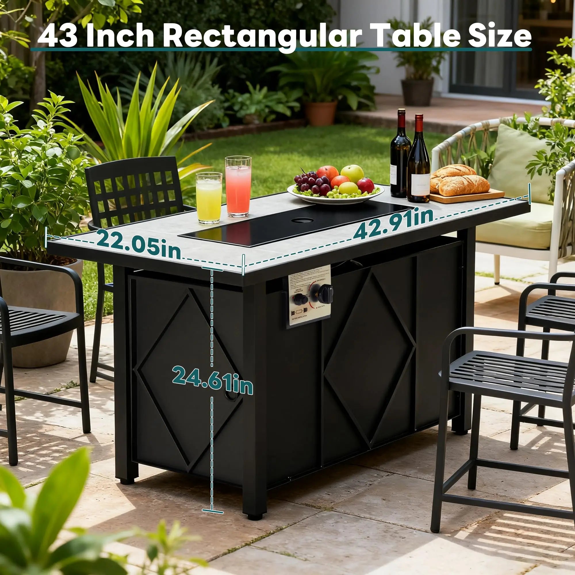 Outdoor patio table with measurements and food items on a patio setting