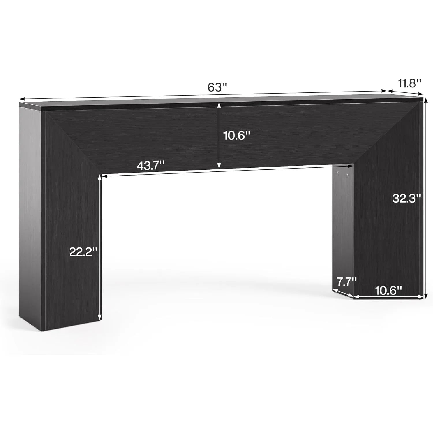 Black desk with measurements on a white background