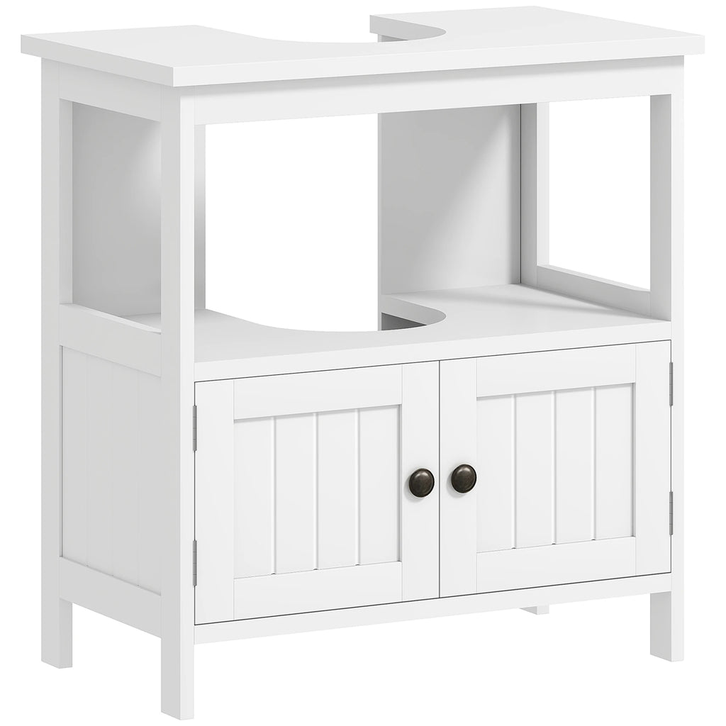 White Kleankin under-sink cabinet with two grooved doors, round knobs, an open shelf and U-shaped plumbing cutouts