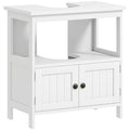 White Kleankin under-sink cabinet with two grooved doors, round knobs, an open shelf and U-shaped plumbing cutouts