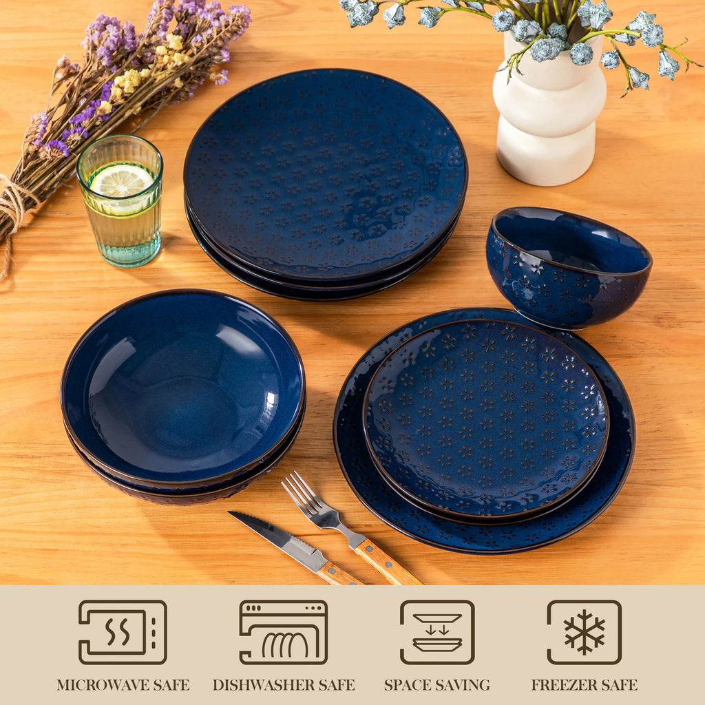 MALACASA Lydia Embossed Blue Stoneware Dinnerware