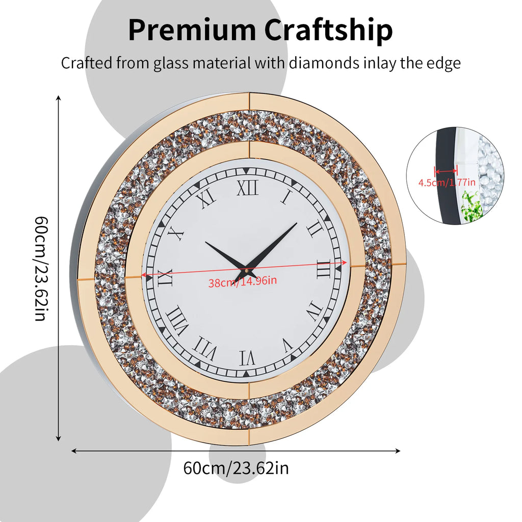 Decorative wall clock with diamond inlay and measurements on a gray background