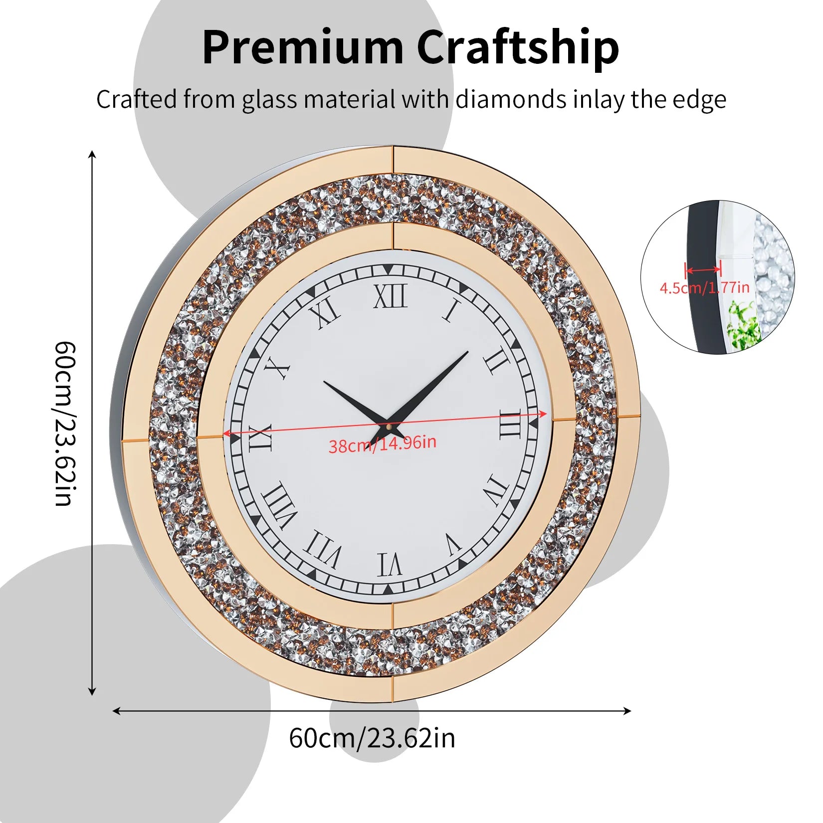 Decorative wall clock with diamond inlay and measurements on a gray background