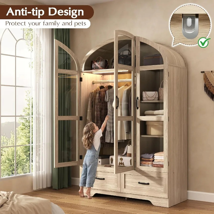Anti-tip feature graphic with a wall-attachment bracket inset and an open wardrobe.