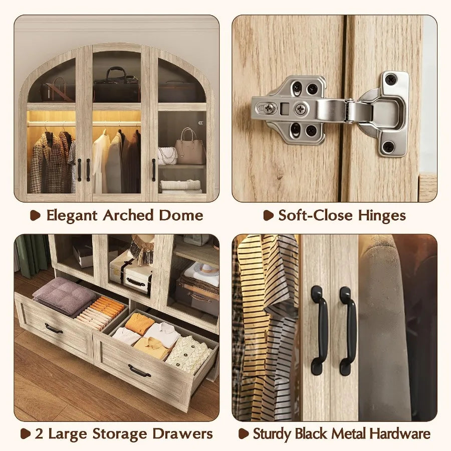 Detail collage showing the arched top, soft-close hinge, two storage drawers and black metal handles.