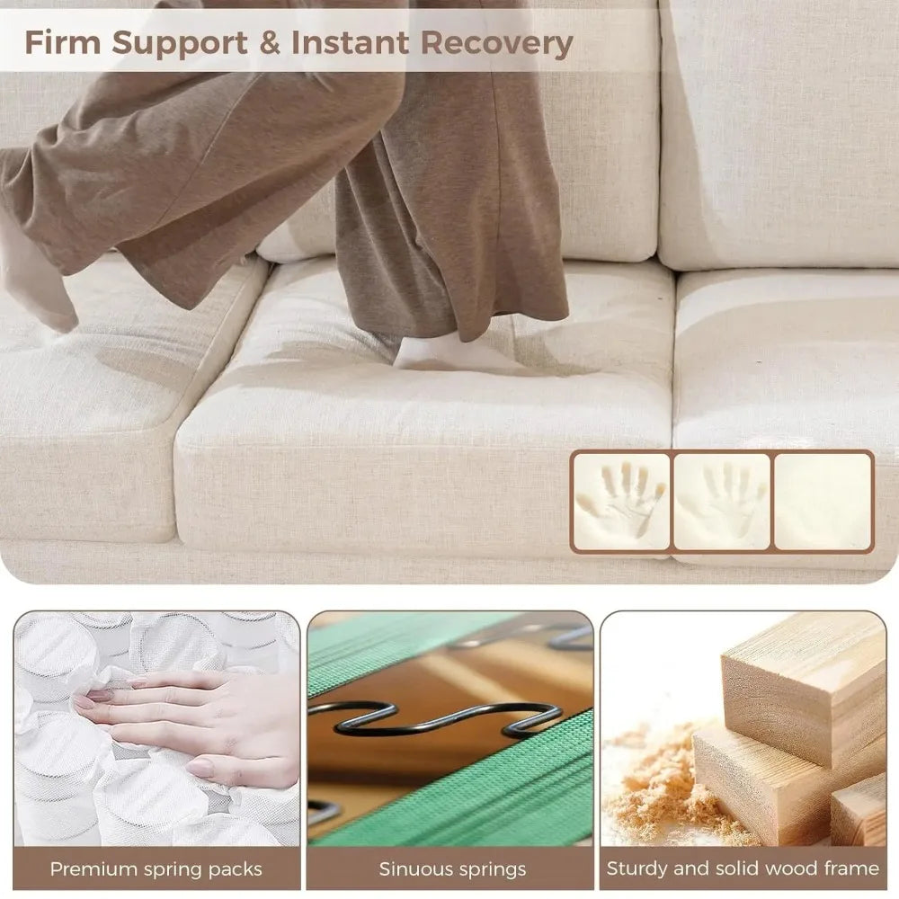 Elarwyn Beige sofa construction details showing spring packs, sinuous springs, and a solid-wood frame.