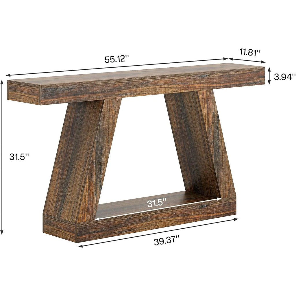Wooden console table with dimensions labeled on a white background