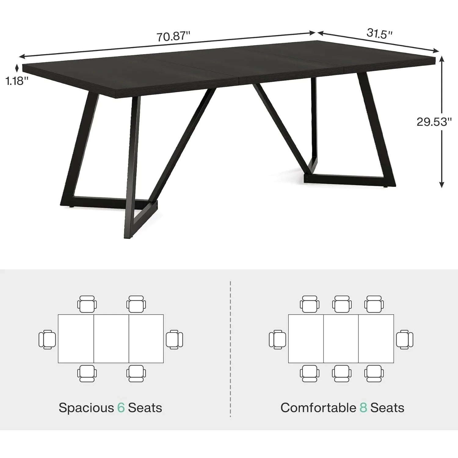 Black dining table with dimensions and seating capacity illustrations on a white background
