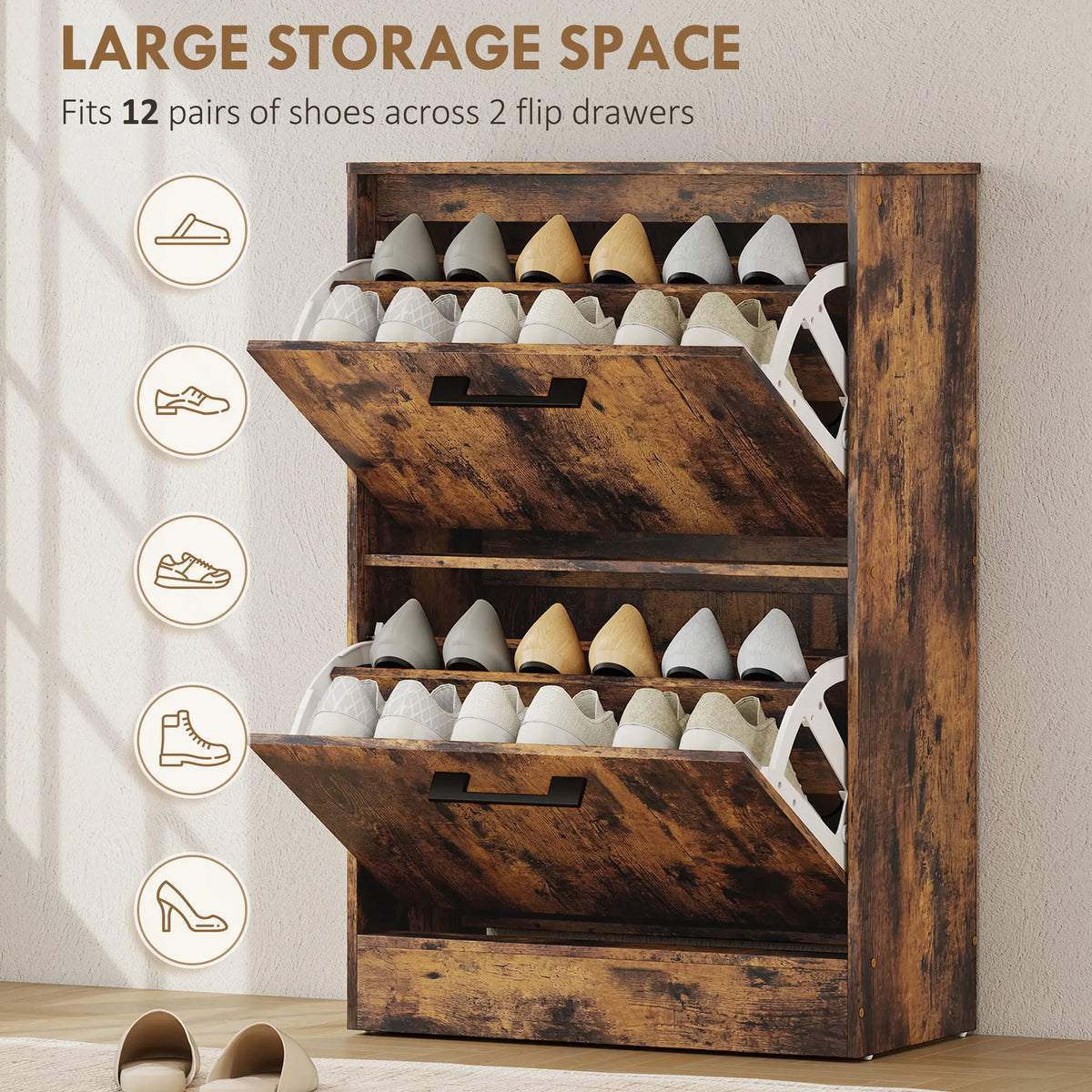 Echoray two flip drawers storing approximately 12 pairs of shoes
