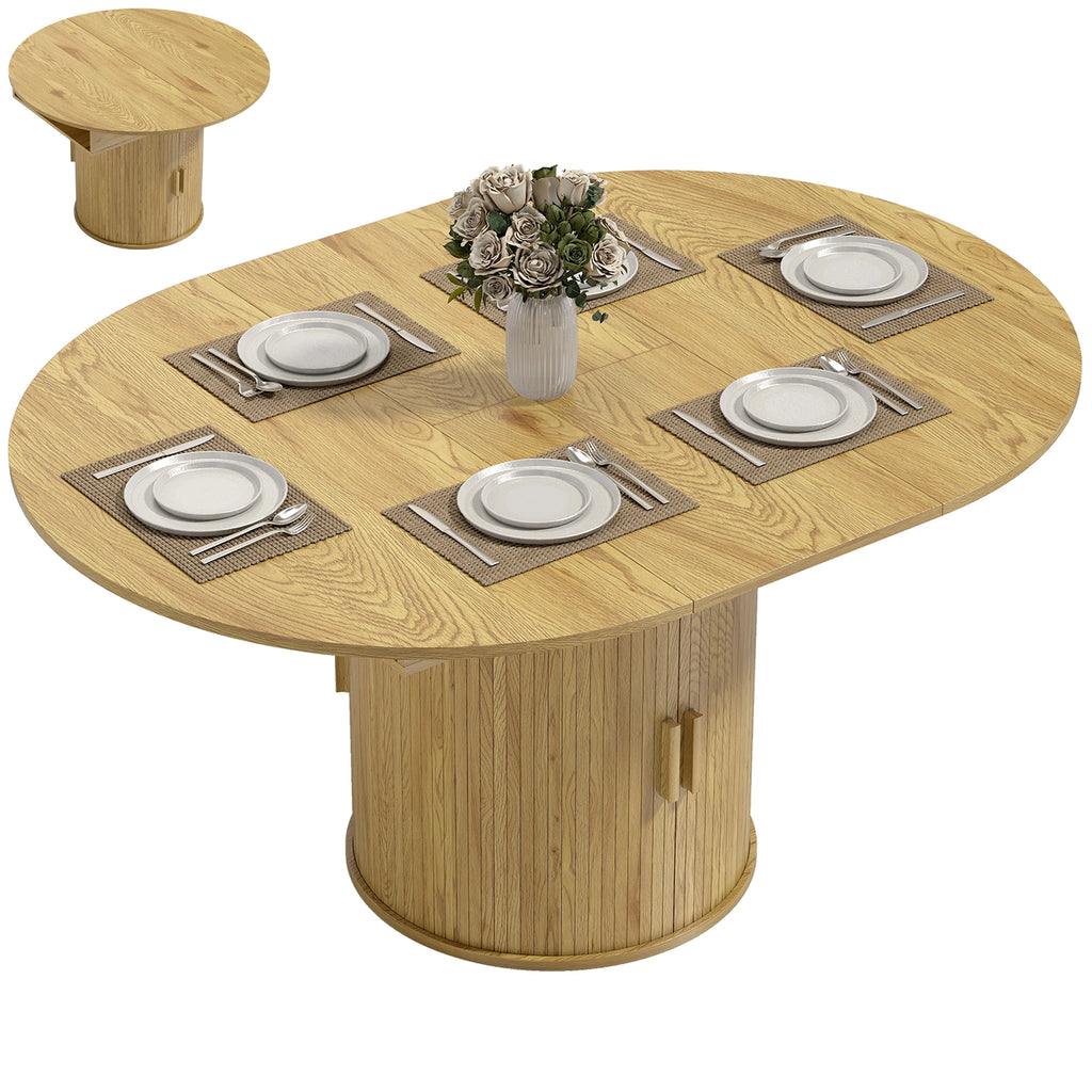 Serenadecrest extendable natural wood dining table shown round and extended