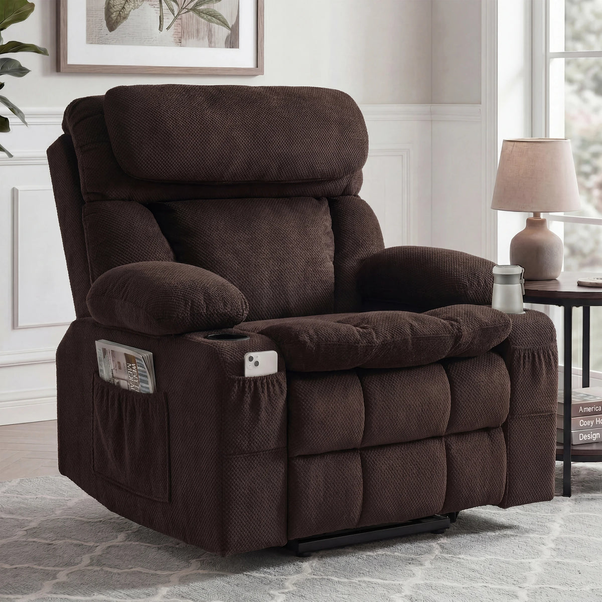 Avensford coffee-brown textile power lift recliner with adjustable headrest and side pockets