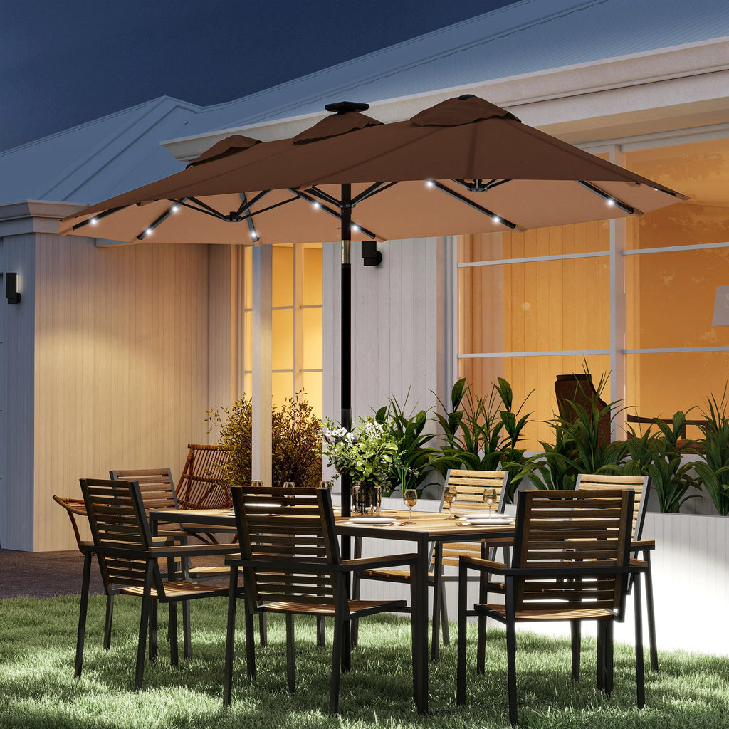 Solara Twin-Canopy Solar LED Patio Umbrella – Coffee