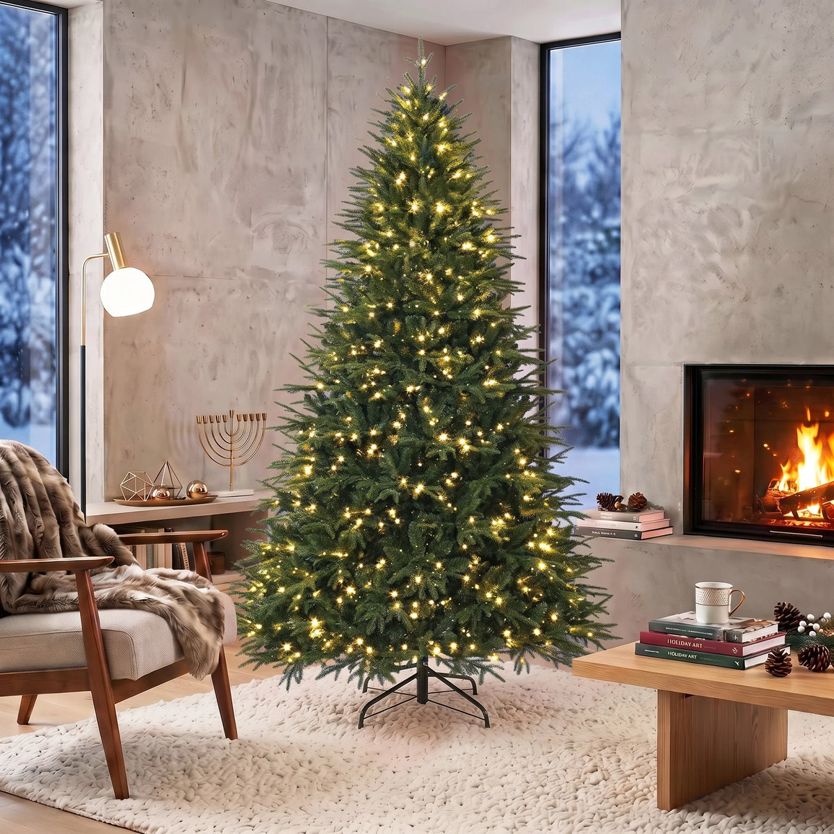 Evergrand pre-lit Christmas tree displayed in a living room