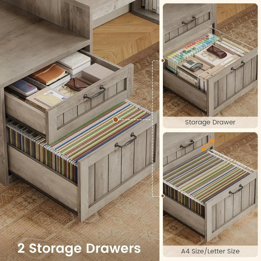 Storage drawer and hanging file compartment in the gray L-shaped desk