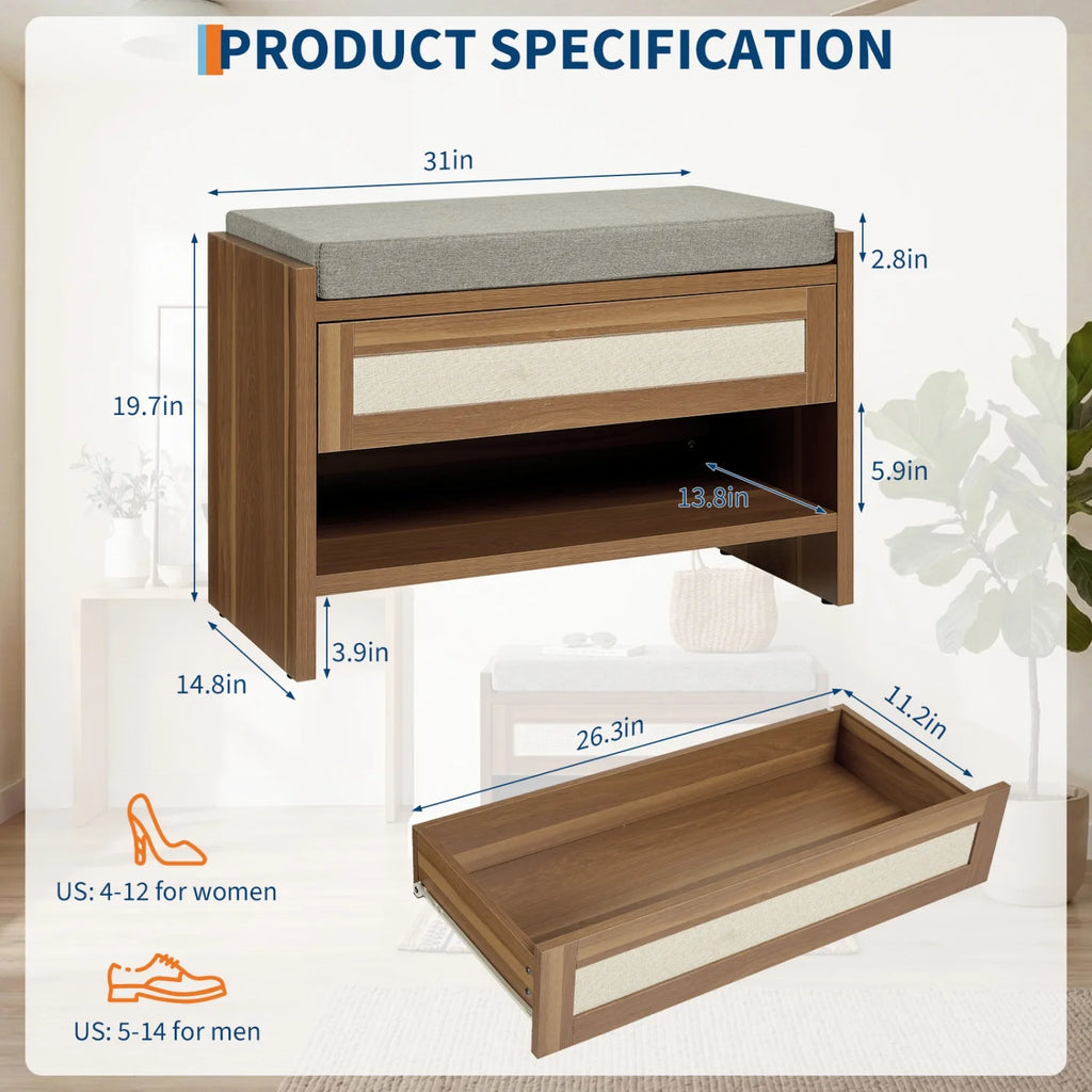 Wooden storage bench with a gray cushion top, single drawer with cream panel, and open shelf, shown with dimension labels and a separate drawer view on a light background.