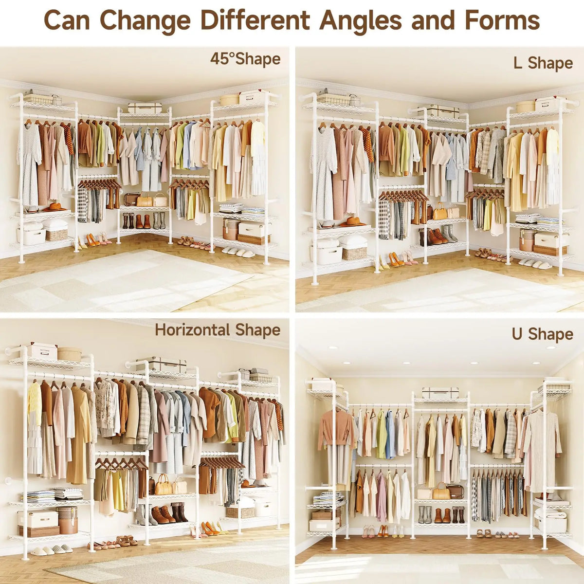 Everhalo white closet system in angled, L-shaped, straight and U-shaped arrangements.