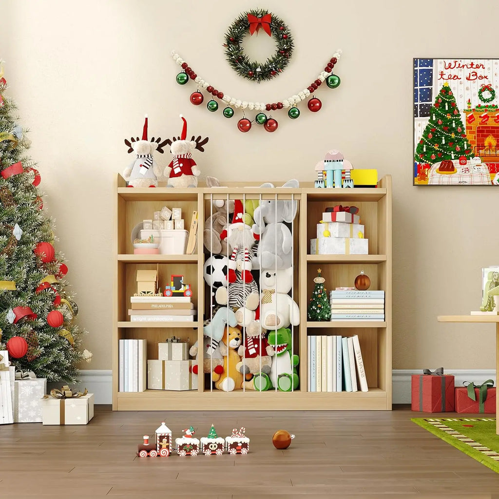 Light Yellow toy organizer with six side cubbies and a central cord-front compartment holding stuffed animals.
