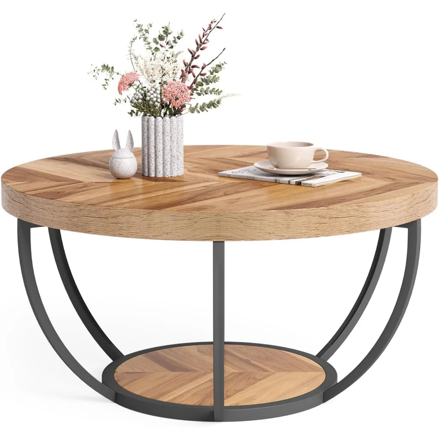 Round Coffee Table with Sculptural Frame and Open Shelf
