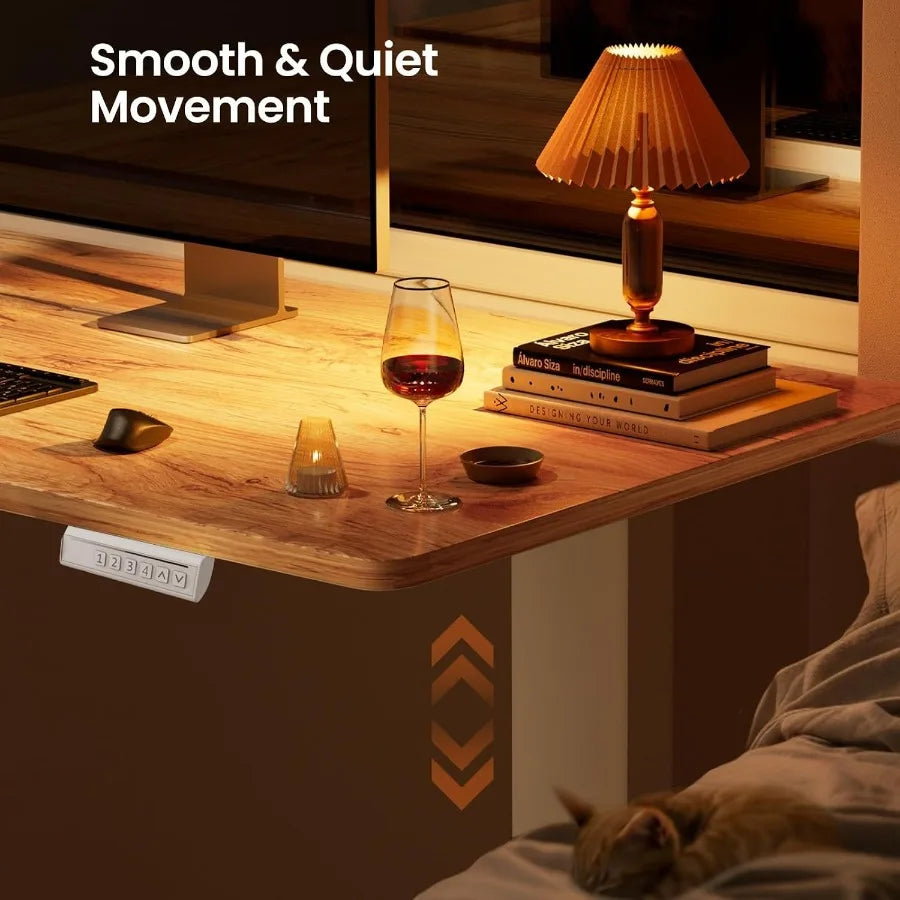 Evening desktop detail showing the white control panel beneath the woodgrain edge.