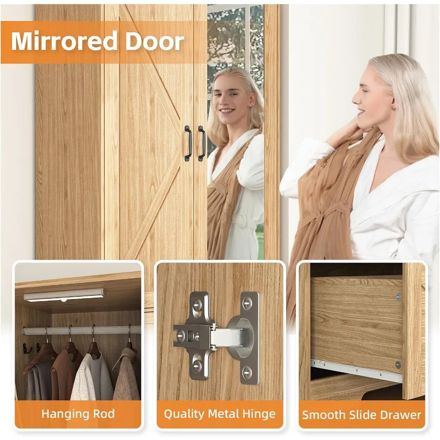 Wardrobe mirror and hardware details, including the illuminated hanging rod area and metal drawer runner.