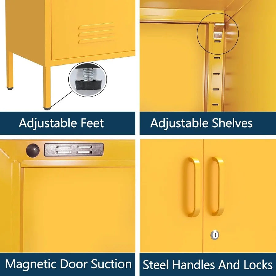 Hardware panel showing adjustable feet, adjustable shelves, a magnetic catch and steel handles with a key lock.
