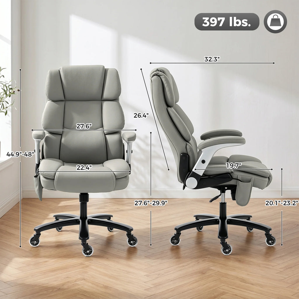 Ankara dimensions showing adjustable height, wide seat, back measurements, and 397-lb capacity
