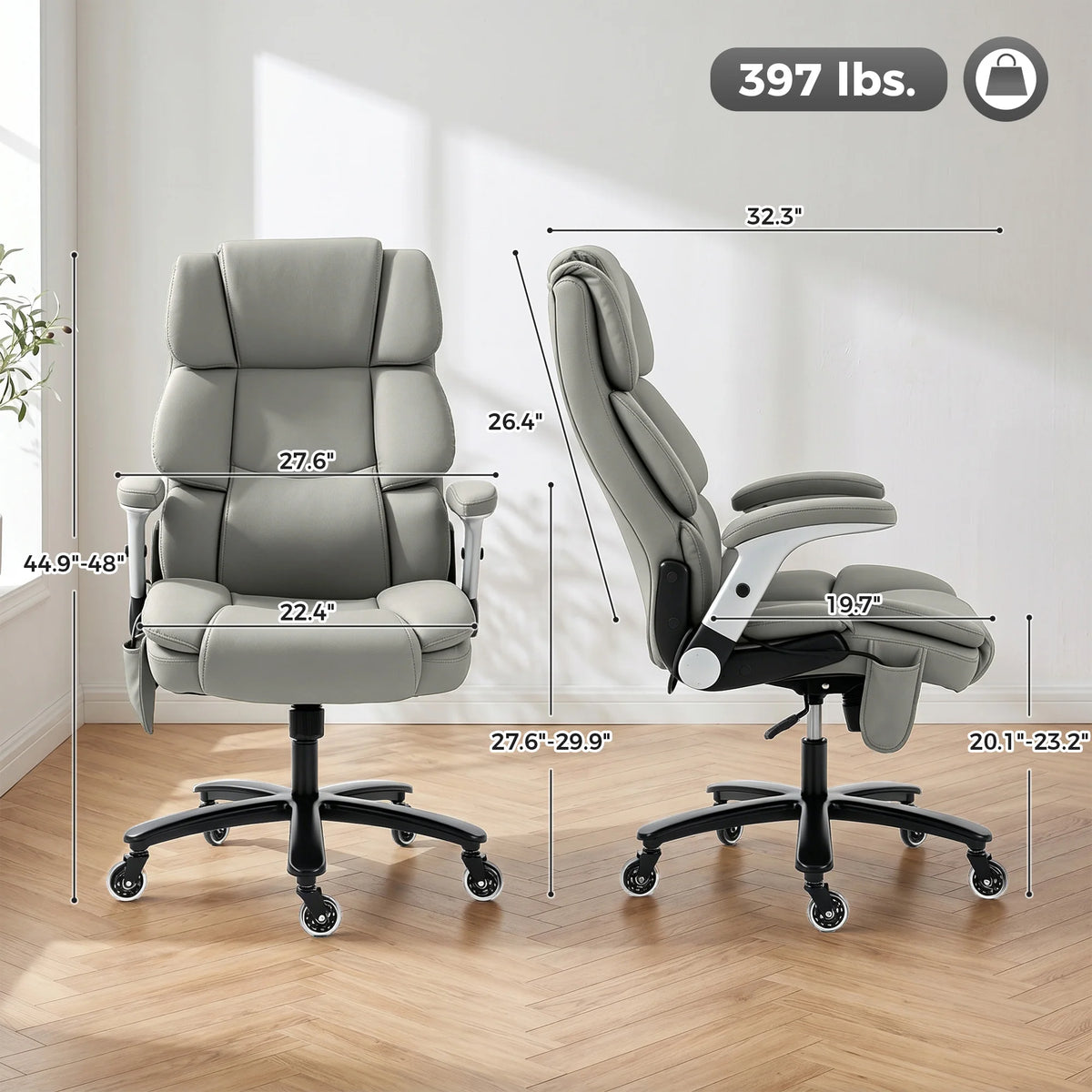 Ankara dimensions showing adjustable height, wide seat, back measurements, and 397-lb capacity