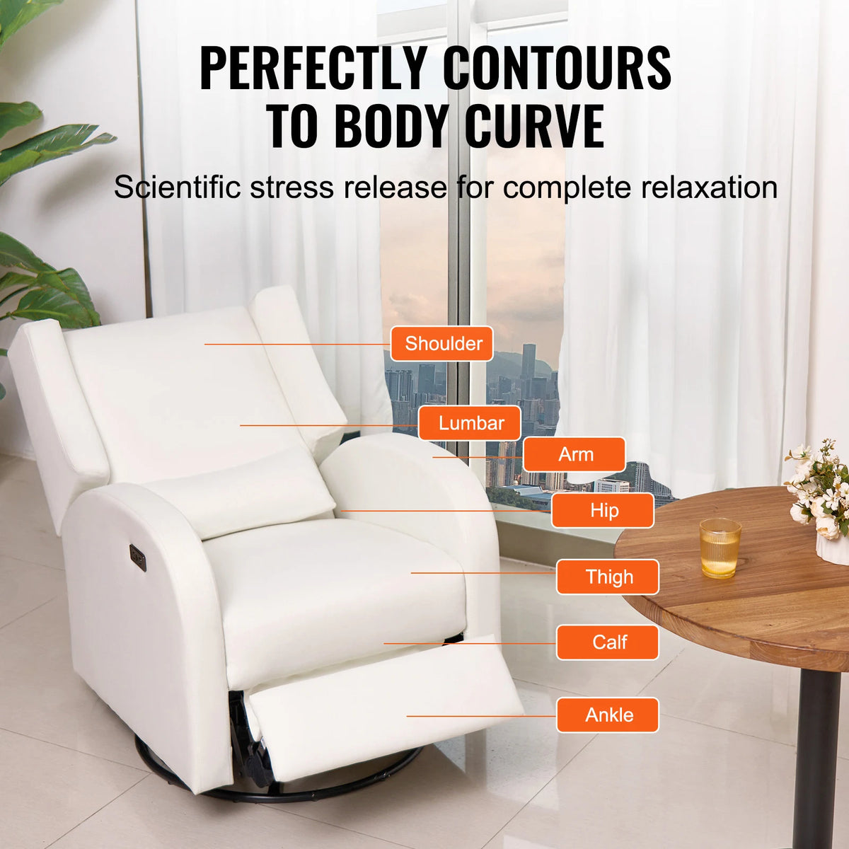 Off-white recliner with footrest extended and a loose lumbar cushion; labels identify body-support areas.