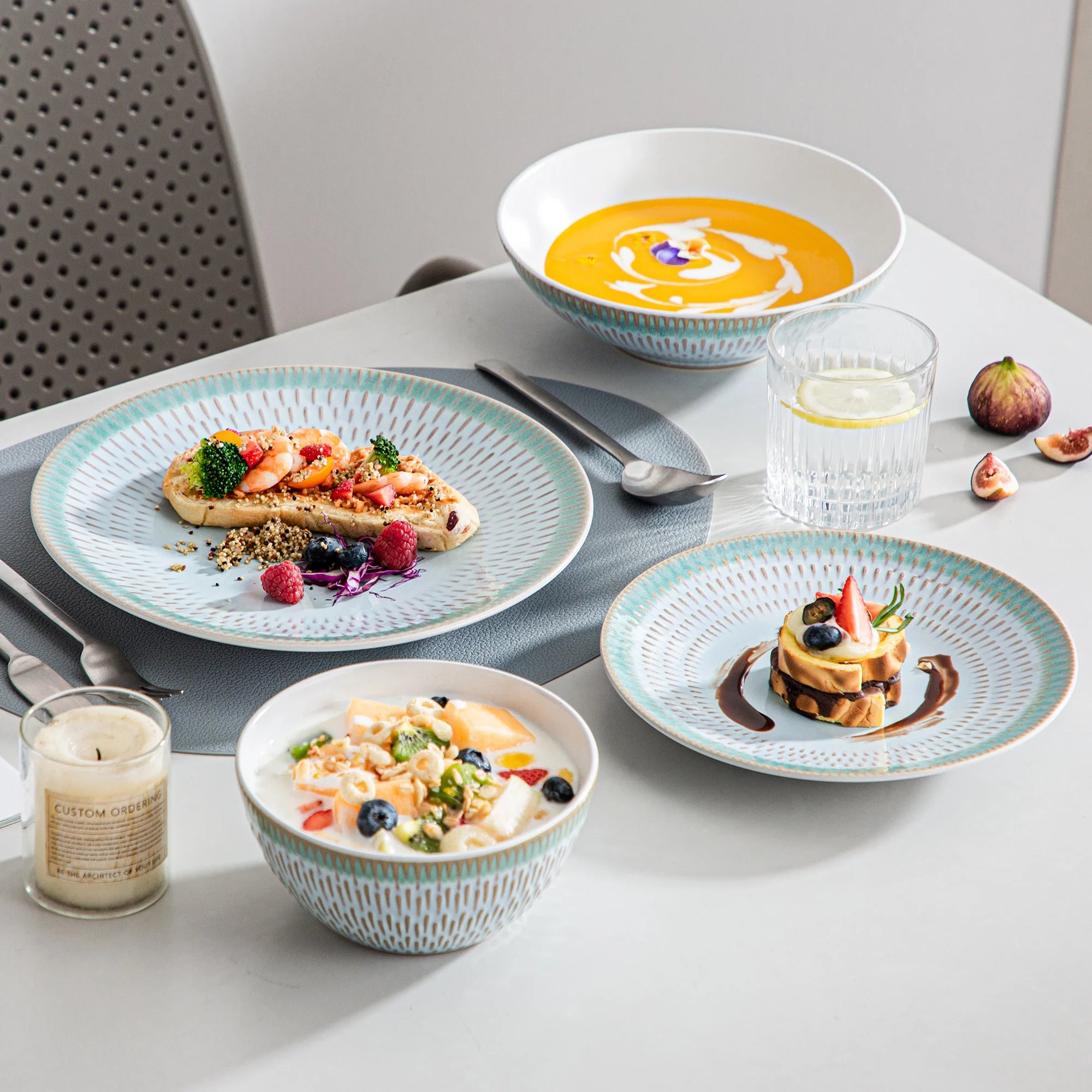 VANCASSO Pluvo Spring Series Stoneware Dinnerware Set – Green Trim, 16/32/48 Pieces