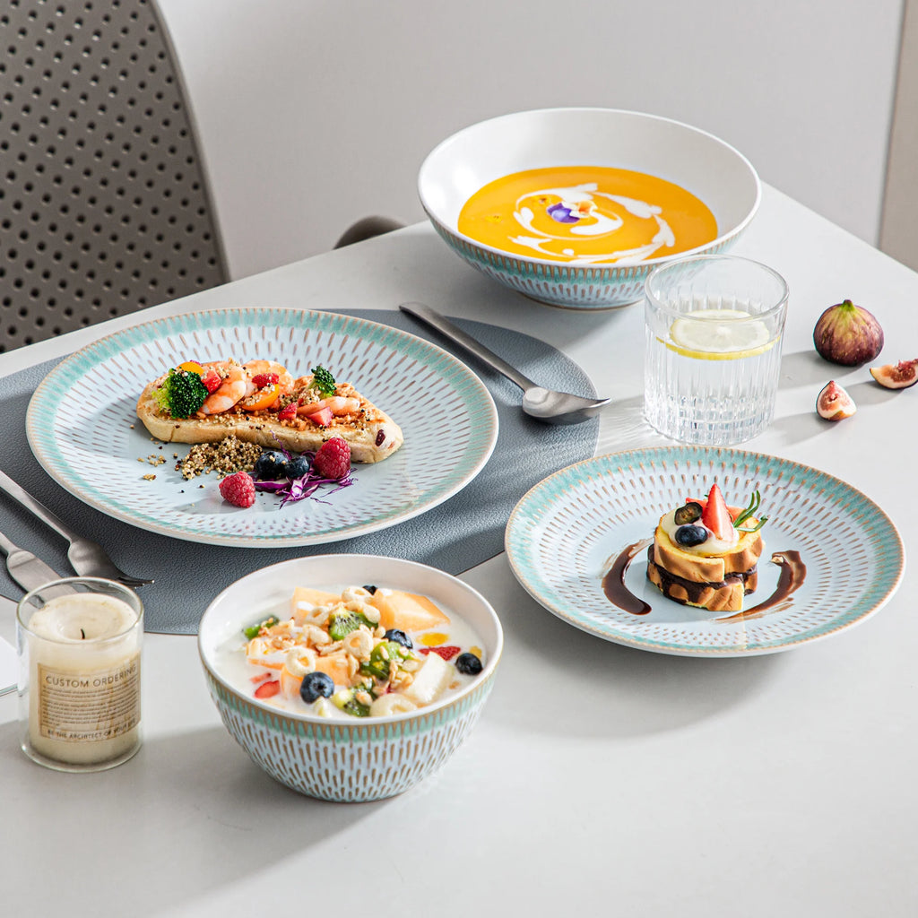 VANCASSO Pluvo Spring Series Stoneware Dinnerware Set – Green Trim, 16/32/48 Pieces