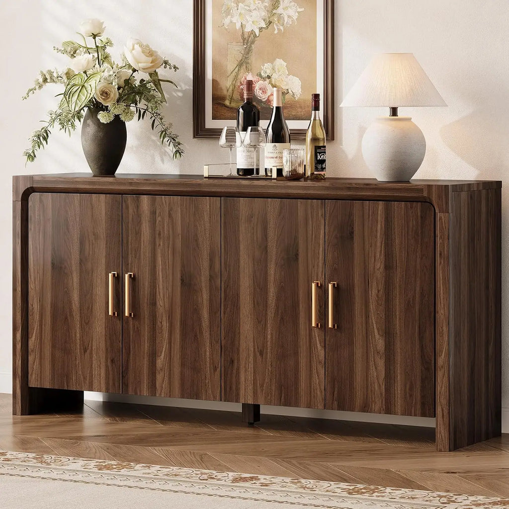Cloudlark walnut-look sideboard staged with flowers, bottles and a table lamp