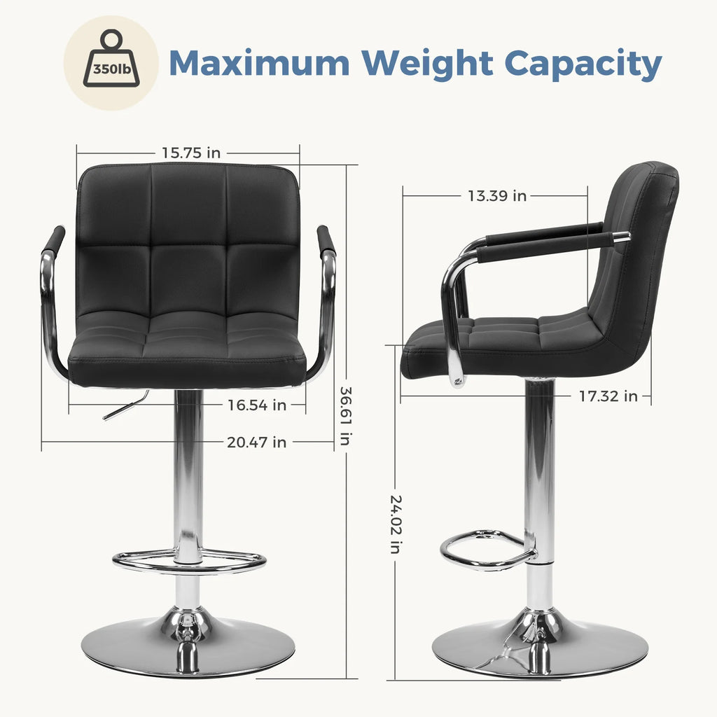 Black bar stools with dimensions and weight capacity on a white background