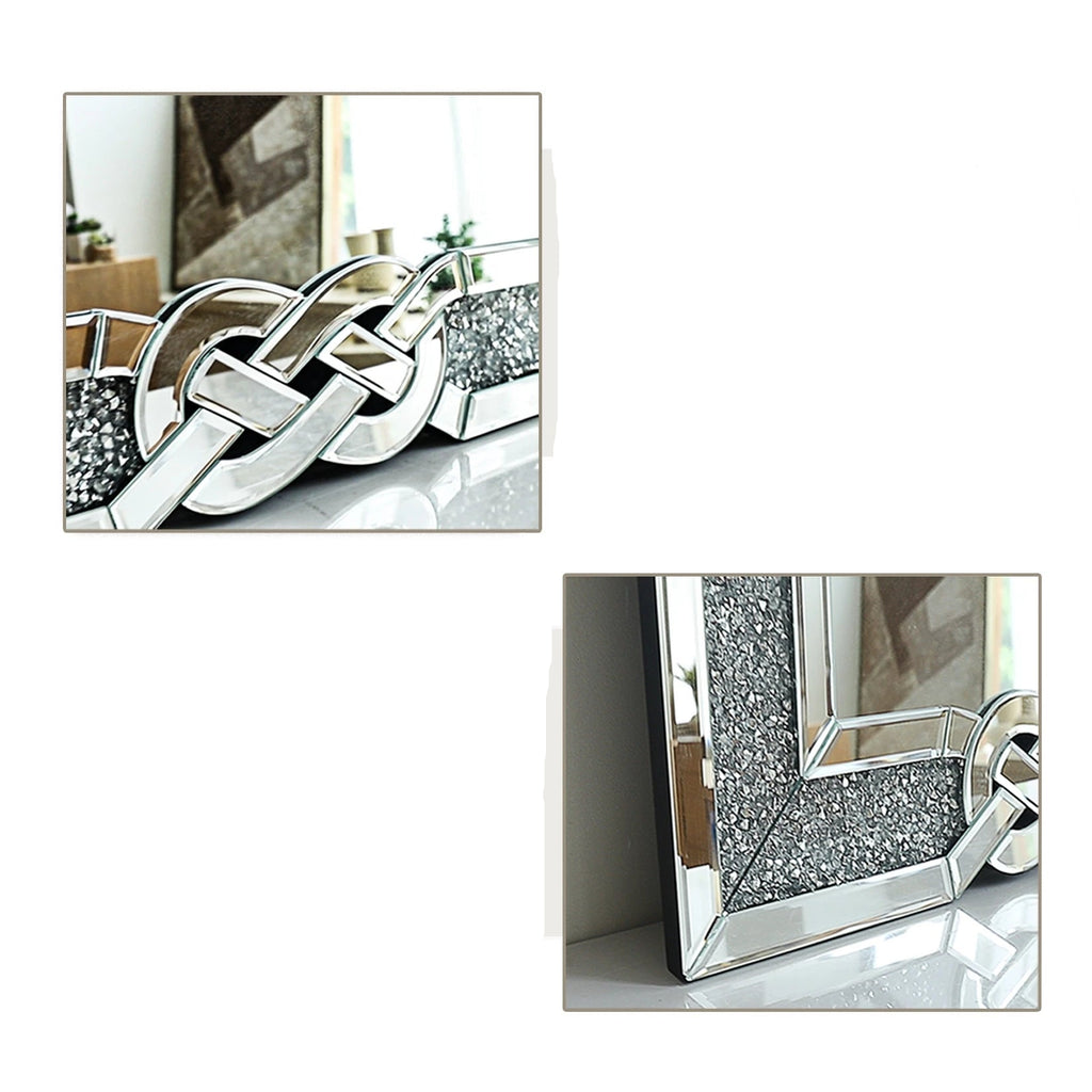 Advertisement for a decorative mirror with embellishments, featuring text on design and materials.
