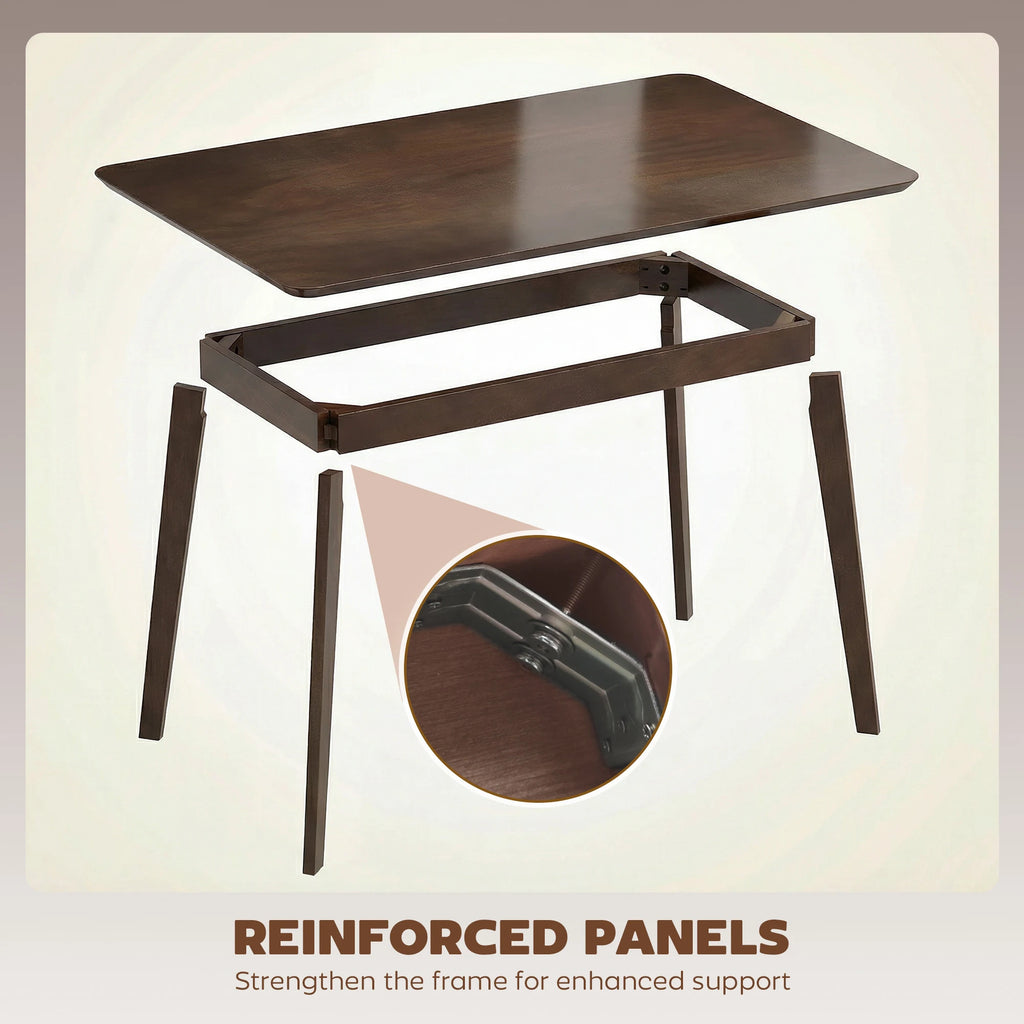 Larknote exploded construction view showing tabletop, apron frame, legs and reinforcement bracket