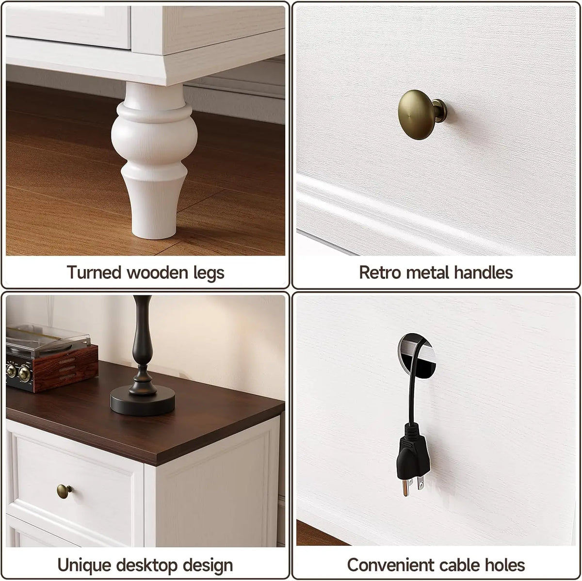 Fawnarc White detail collage showing turned wooden legs, metal knobs, dark top and rear cable opening.