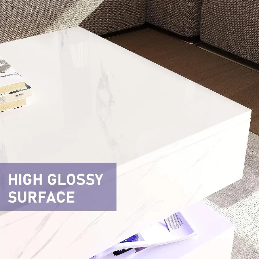 High-gloss marble-look surface detail on the rectangular table