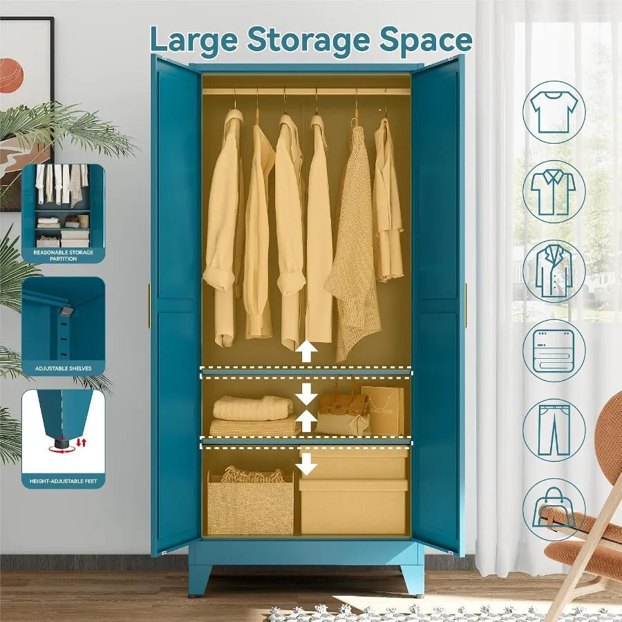 Blue armoire organization diagram showing a clothes rod, two adjustable shelves and leveling feet.