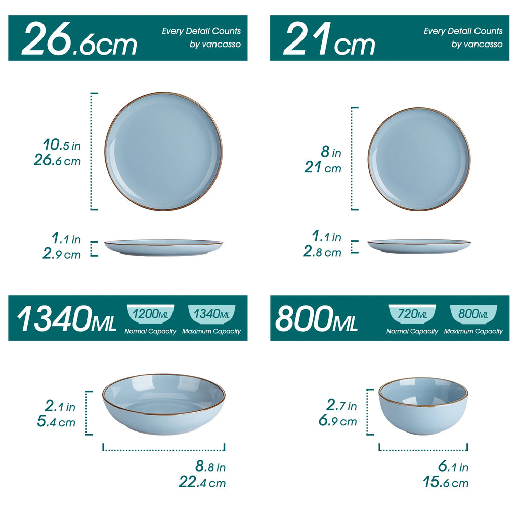 Measurement chart comparing two ceramic plates and bowls with dimensions and capacities.